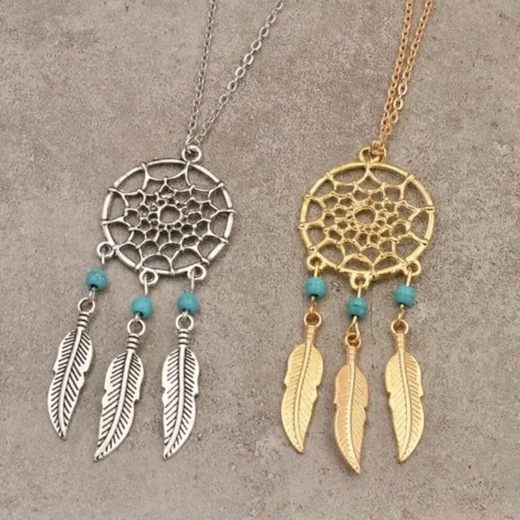 Dreamcatcher Gold Feather Turquoise Charm Necklace - Picture 4 of 5